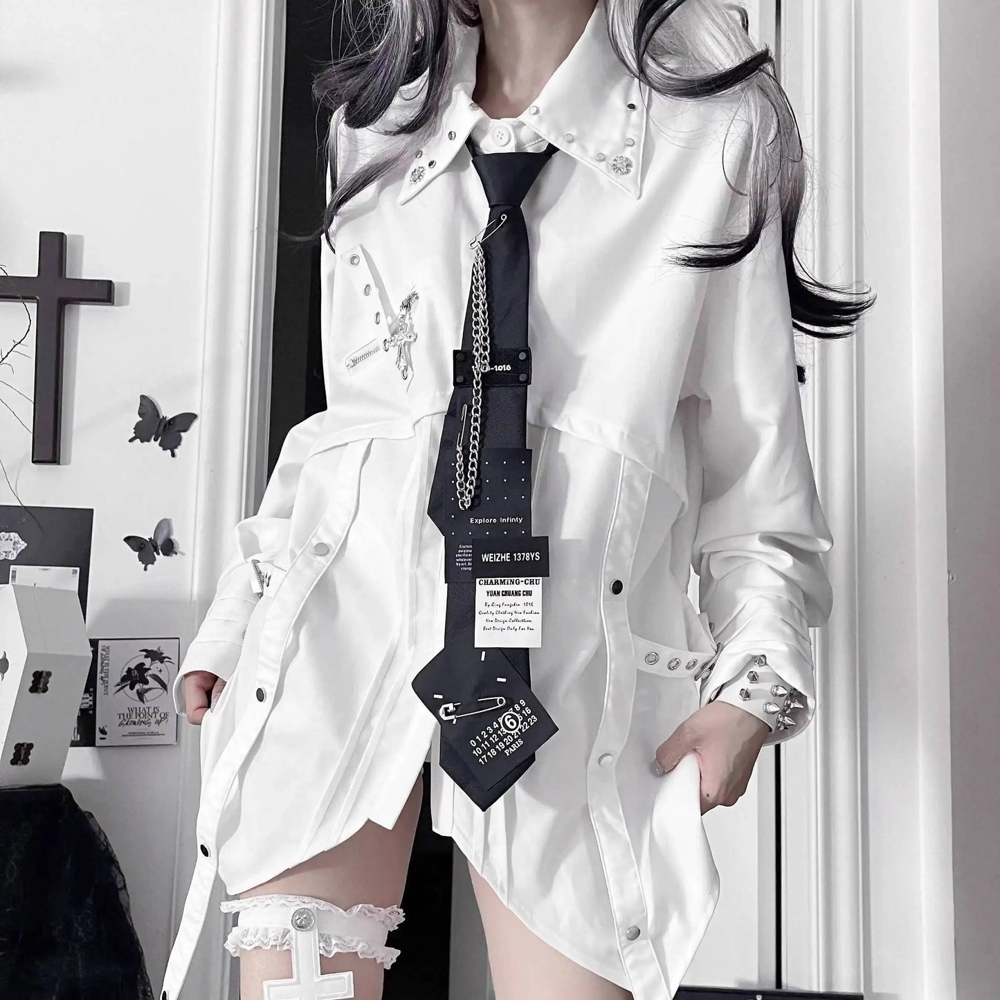 Gothic Metal Accent Tie Blouse