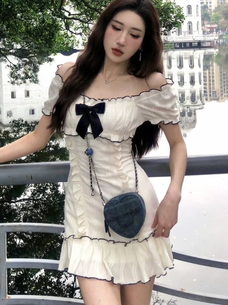 Y2K Ruffles Short Dresses for Women Slim Off Shoulder Puff Sleeve Birthday Party Dress Korean Fashion Summer New Vestidos Mujer
