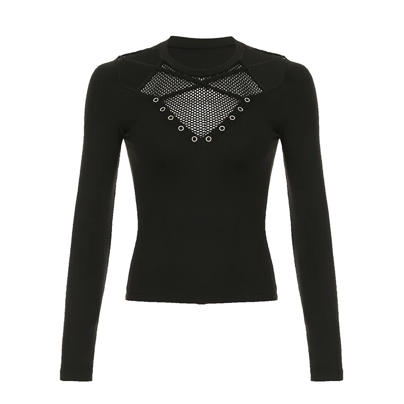 Darkly Punk Cothic Women Long Sleeve T-Shirt Patchwork Chic Fabric Cut Out O-Neck Top Tees Slim Sexy Solid Tops
