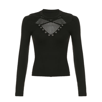 Darkly Punk Cothic Women Long Sleeve T-Shirt Patchwork Chic Fabric Cut Out O-Neck Top Tees Slim Sexy Solid Tops