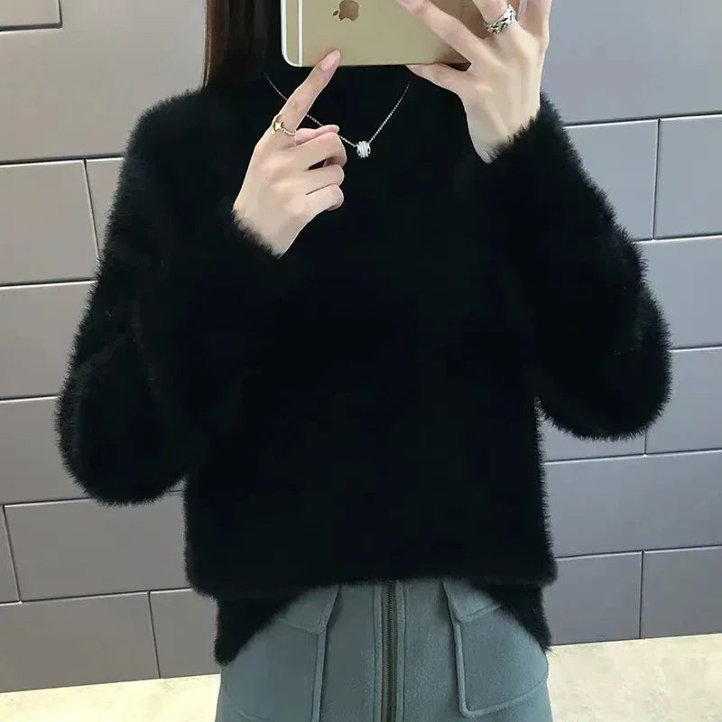Winter Mink Faux Cashmere Thick Sweater Women Jumper White Pull Femme Loose Pullover Knitted Fluffy Sweaters For Women Winter