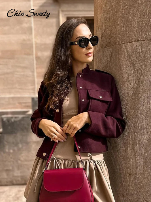 Burgundy Color Woolen Jacket For Women Stand Collar Single Breasted Pocket Thick Short Coat  Autumn Lady Commute Outwear New