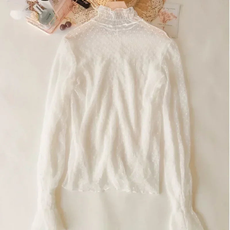 Women High Collar Mesh Perspective Blouse Summer Thin See Through Slim Bottoming Lace Long Flare Sleeved Tops