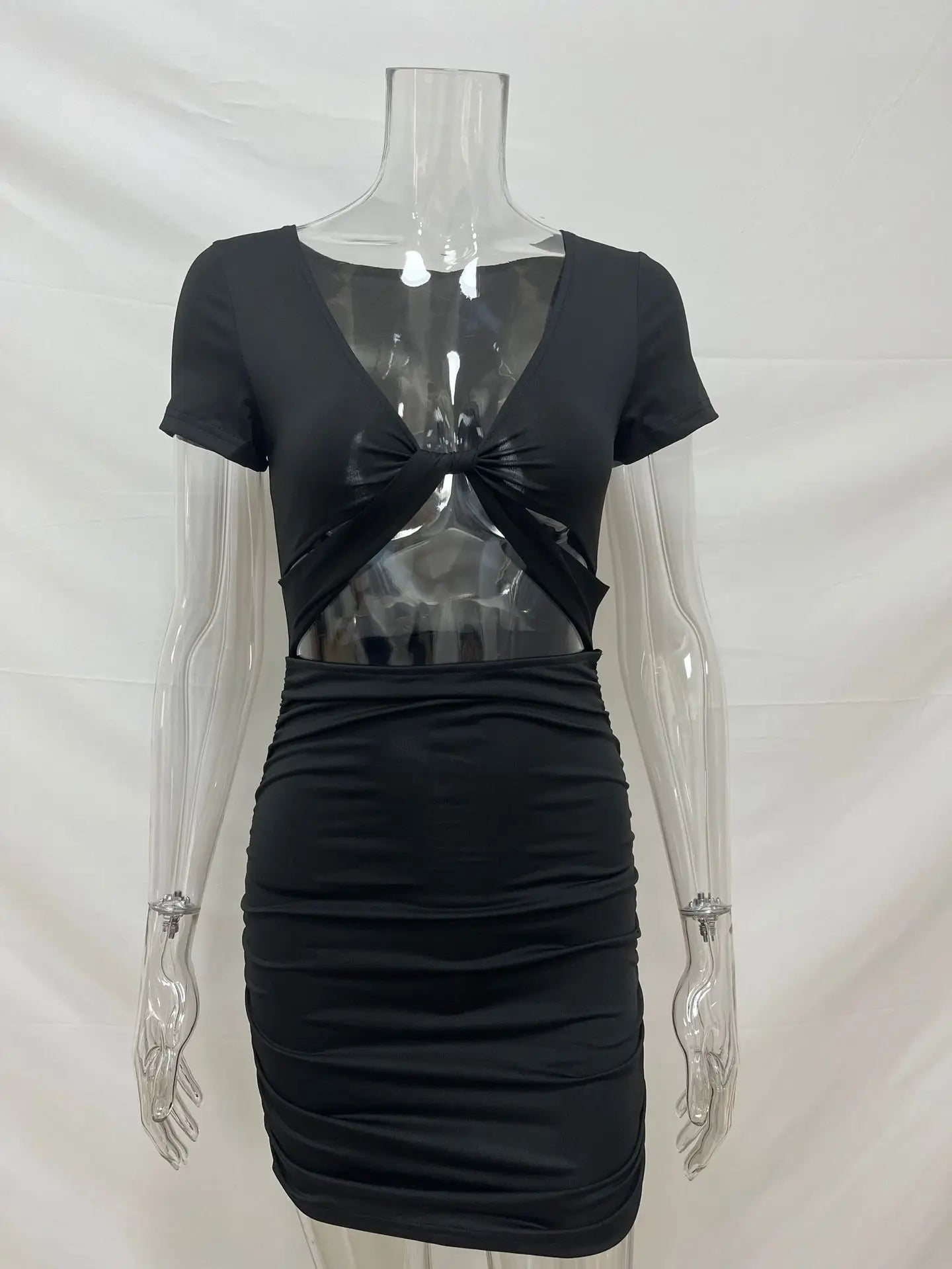 New Y2K Women’s Short sleeved Summer Foreign Trade European and American Sexy V-neck Open Waist Bag Hip Dress