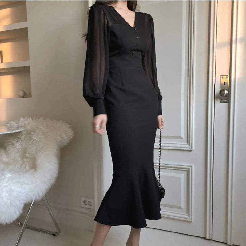 Autumn New Korean Fashion Bodycon Midi Dresses for Women Mesh Patchwork Long Sleeve Fishtail Office Lady Mermaid Party Dress