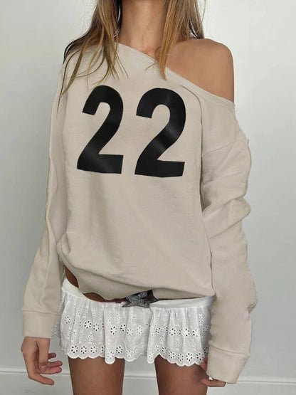 Figure Print Casual Loose Sweatshirts Women  Autumn WInter New Fashion Off Shoulder Slash Neck Streetwear Pullovers