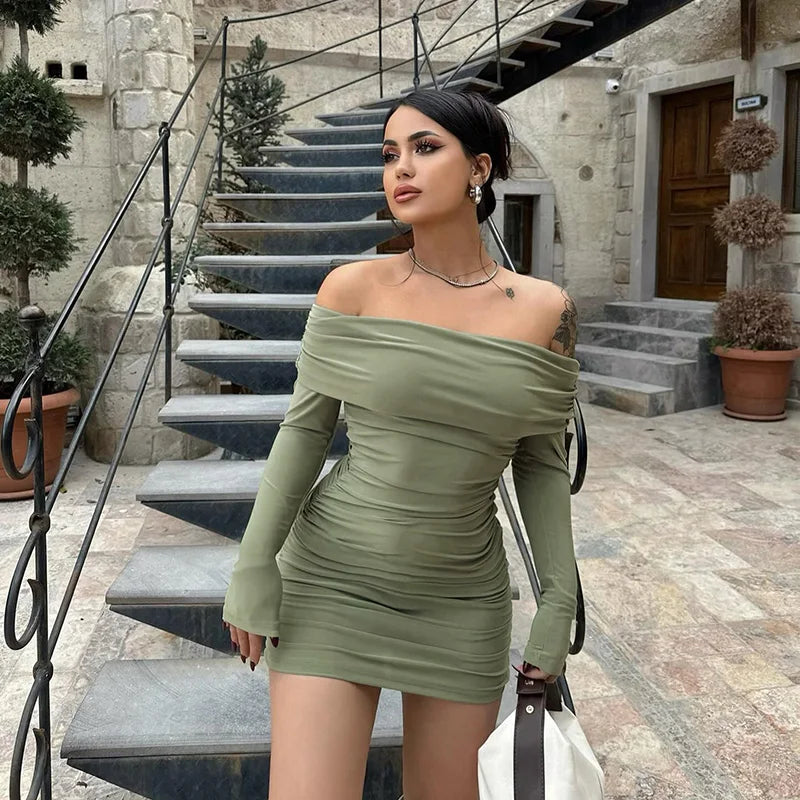 Off The Shoulder Solid Slim Ruched Mini Women’S Dresses Elegant Evening Party Y2K Streetwear Casual Korean Clothes