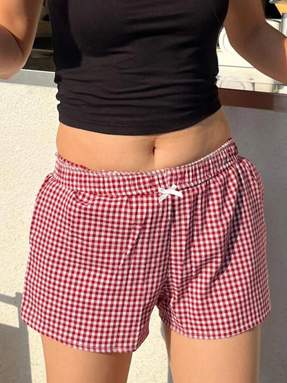 Christmas Preppy Y2K Red Plaid Elastic Waist Shorts Women Casual Loose Sweet Cute Summer Vacation Outfits