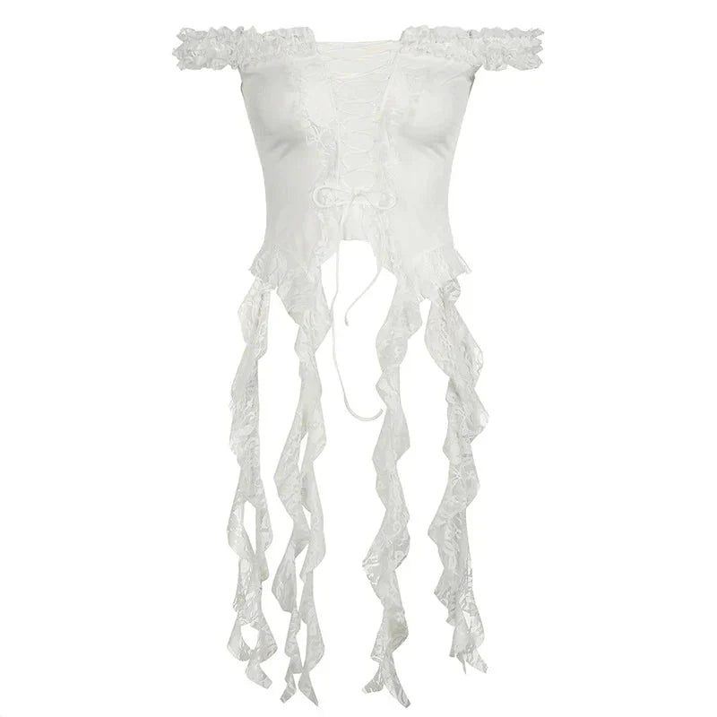 Fairy Coquette y2k Top Lace Patchwork Off Shoulder Sleeveless Irregular Hem T Shirt 2000s Party Clubwear