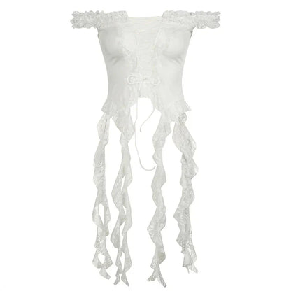 Fairy Coquette y2k Top Lace Patchwork Off Shoulder Sleeveless Irregular Hem T Shirt 2000s Party Clubwear
