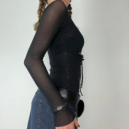 Stylish Cut Out Front Black Sexy Top for Women Mesh Long Sleeve V-neck Halter T-shirt Autumn Vintage Fitted Tees