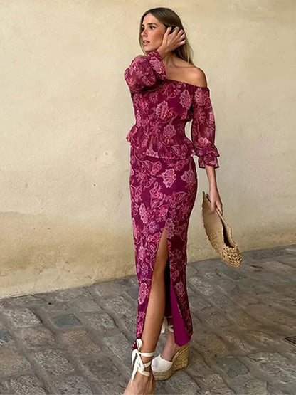 Vintage Print Top Skirt Suits Women One Shoulder Long Sleeve Waist Up Ruffled Hem Tops High Slit Skirt Vacation Beach Outfits