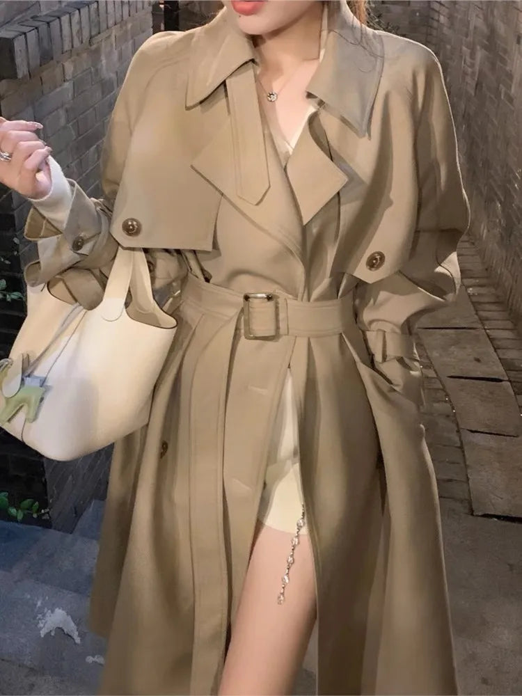 Autumn Winter Khaki Long Trench Coat for Women  Jacket Elegant Outerwear Turn-down Collar Tie Belt Korean Chic Windbreaker
