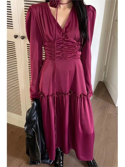 Autumn Satin Midi Dresses for Women Long Sleeve V-neck Folds Design A-line Korean Fashion Office Lady One Piece Vestidos New