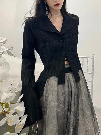 Voguable  Gothic Harajuku Black Shirt Vintage Long Sleeve Y2K Blouse Casual American Retro Irregular V Neck Loose Tops Spring