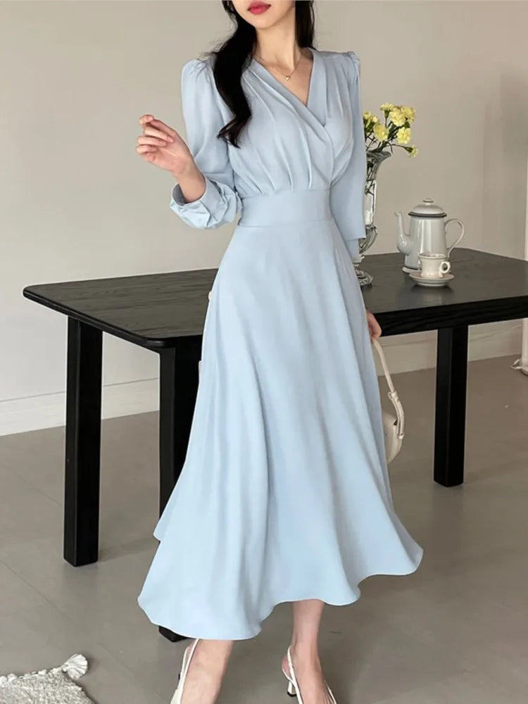 Korean Fashion Autumn Midi Dresses for Women Long Sleeves V-neck A-line Solid Casual Dress Office Lady Clothing  New