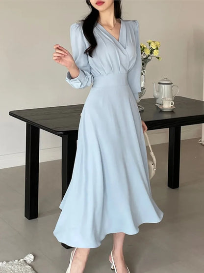 Korean Fashion Autumn Midi Dresses for Women Long Sleeves V-neck A-line Solid Casual Dress Office Lady Clothing  New