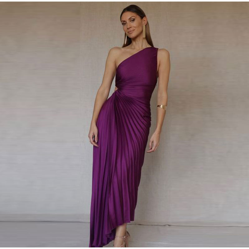 Women's Elegant One Shoulder Cinched Waist Pleated Evening Dress | Ideal for Spring/Summer