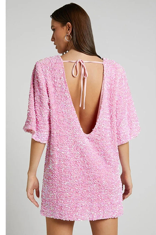Backless Short-Sleeved Loose Mini Dress with Straps