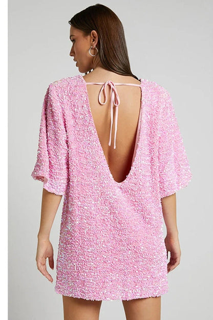 Backless Short-Sleeved Loose Mini Dress with Straps