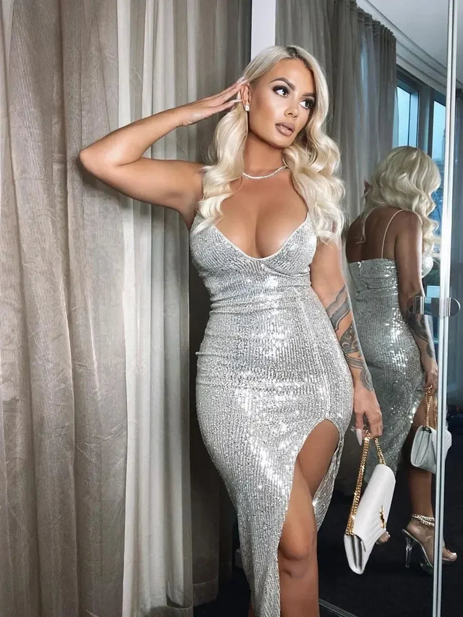 Sequin Deep V Split Bodycon Midi Dress
