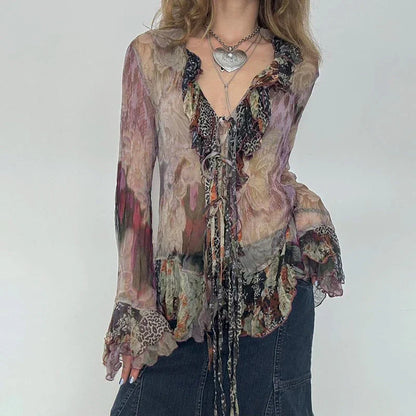 Vintage Transparent Crop Top with Slit 90s Mesh Print Ruffles Patchwork Full Sleeve Bandage T-shirt Grunge y2k Tees