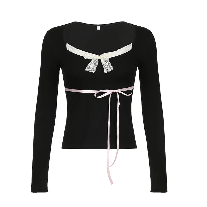 Voguable  Y2K Contrast Color Lace Patchwork Top Ribbon Lace-up Bow Coquette T-shirts Cute Causal Basics Tees