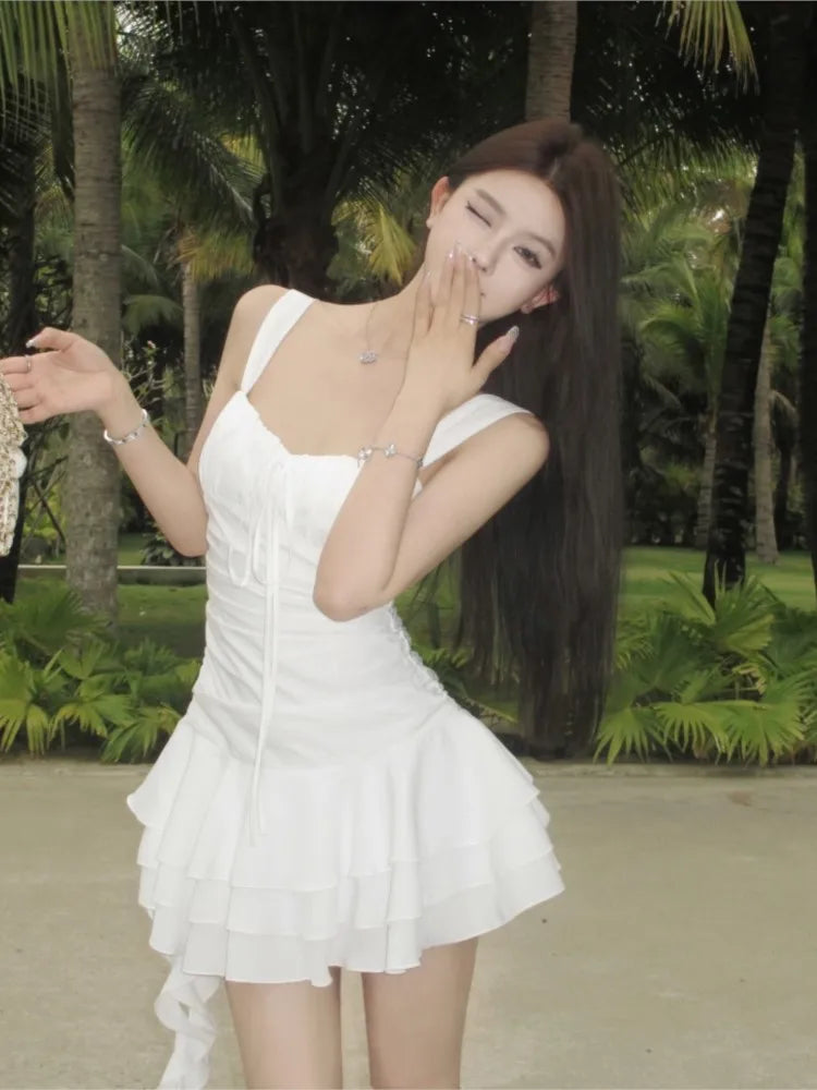 Summer New Holiday Beach Style Short Dresses for Women Spaghetti Strap Ruffles A-line Birthday Party Dress Korean Chic Vestidos