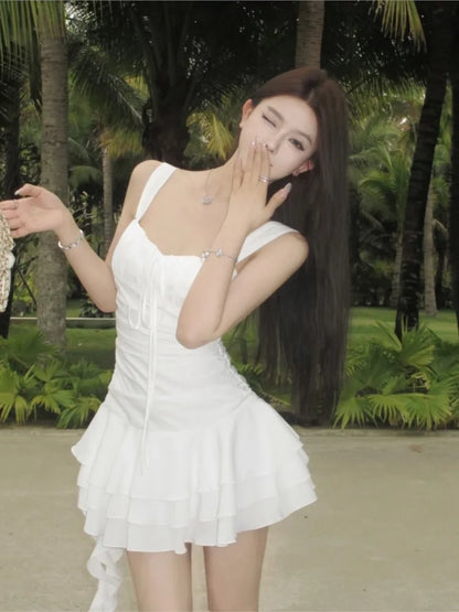 Summer New Holiday Beach Style Short Dresses for Women Spaghetti Strap Ruffles A-line Birthday Party Dress Korean Chic Vestidos