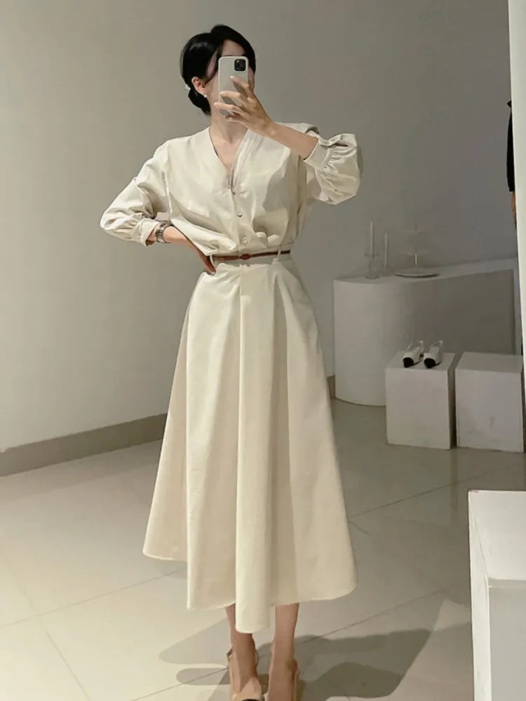 Korean Fashion V-neck Midi Dresses for Women with Belt Long Sleeve A-line Office Lady Autumn New Elegant Solid Female Clothing