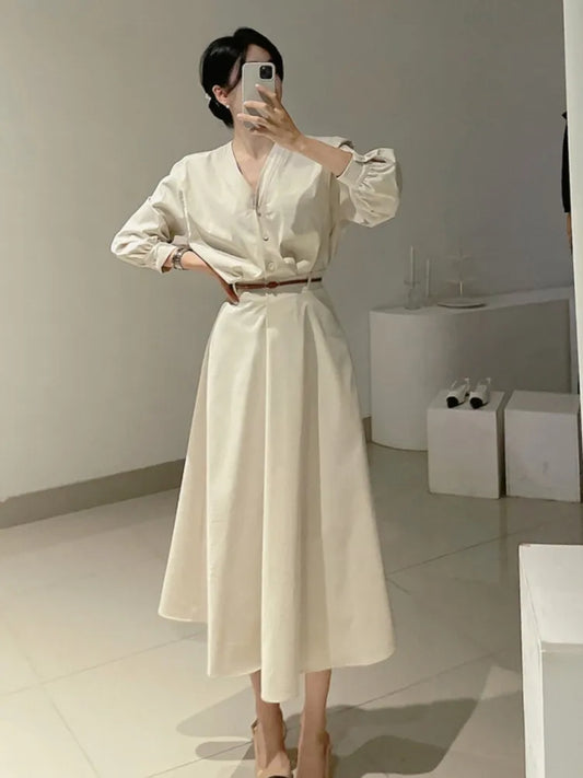 Korean Fashion V-neck Midi Dresses for Women with Belt Long Sleeve A-line Office Lady Autumn New Elegant Solid Female Clothing