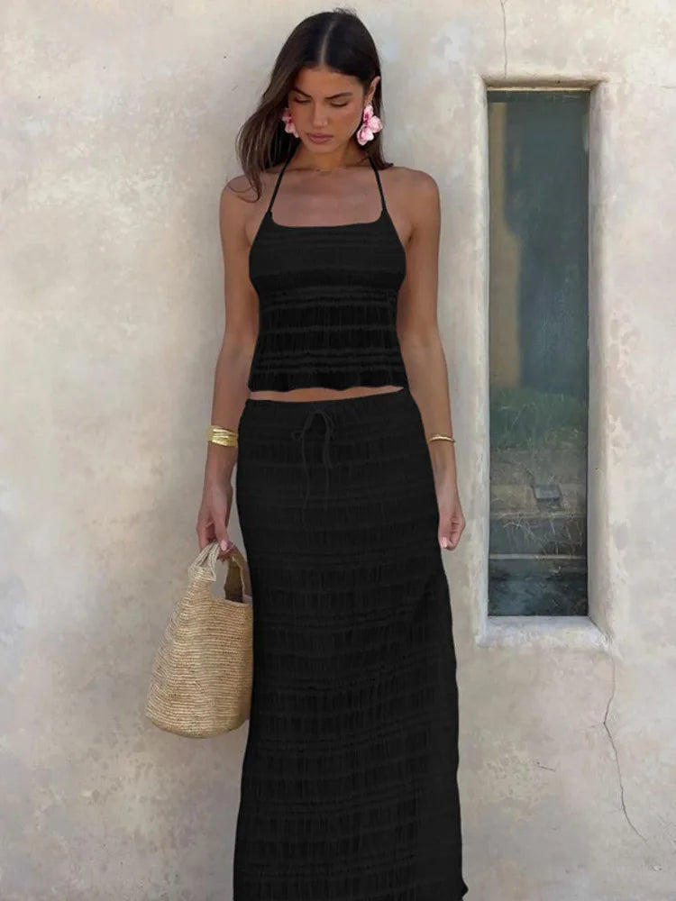 Chiffon Lace Halter Maxi Sexy Long Two Piece Skirt Set