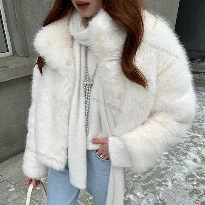 Winter Women Yellow Faux Fur Jacket Chic Girls Fashion Streetwear Thicken Warm Stand Collar Fox Fur Coat Outerwear