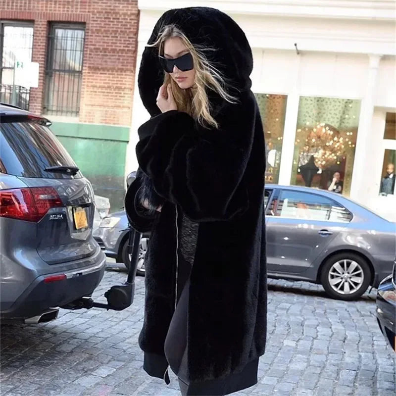 Winter Fashion Runaway Luxury Brand Long Faux Fur Coat Women Jacket Zip Hooded Thick Warm Fake Rabbit Fur Plush Overcoats