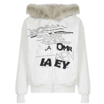 Y2k Letter Prints Women Hoodies Faux Collar Hooded s Autumn Winter Trendy Clothes Korean Style Coat