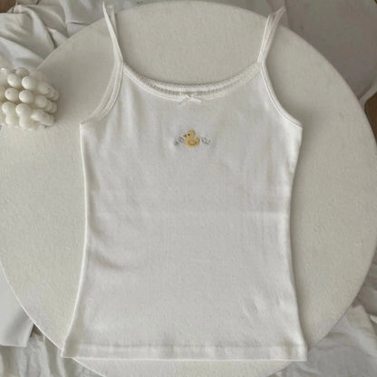 Floral Eyelet Bow Cotton Crop Tops Lace Trim Sleeveless Slim Tank Top Preppy Style Sweet Camisole Y2k Clothes