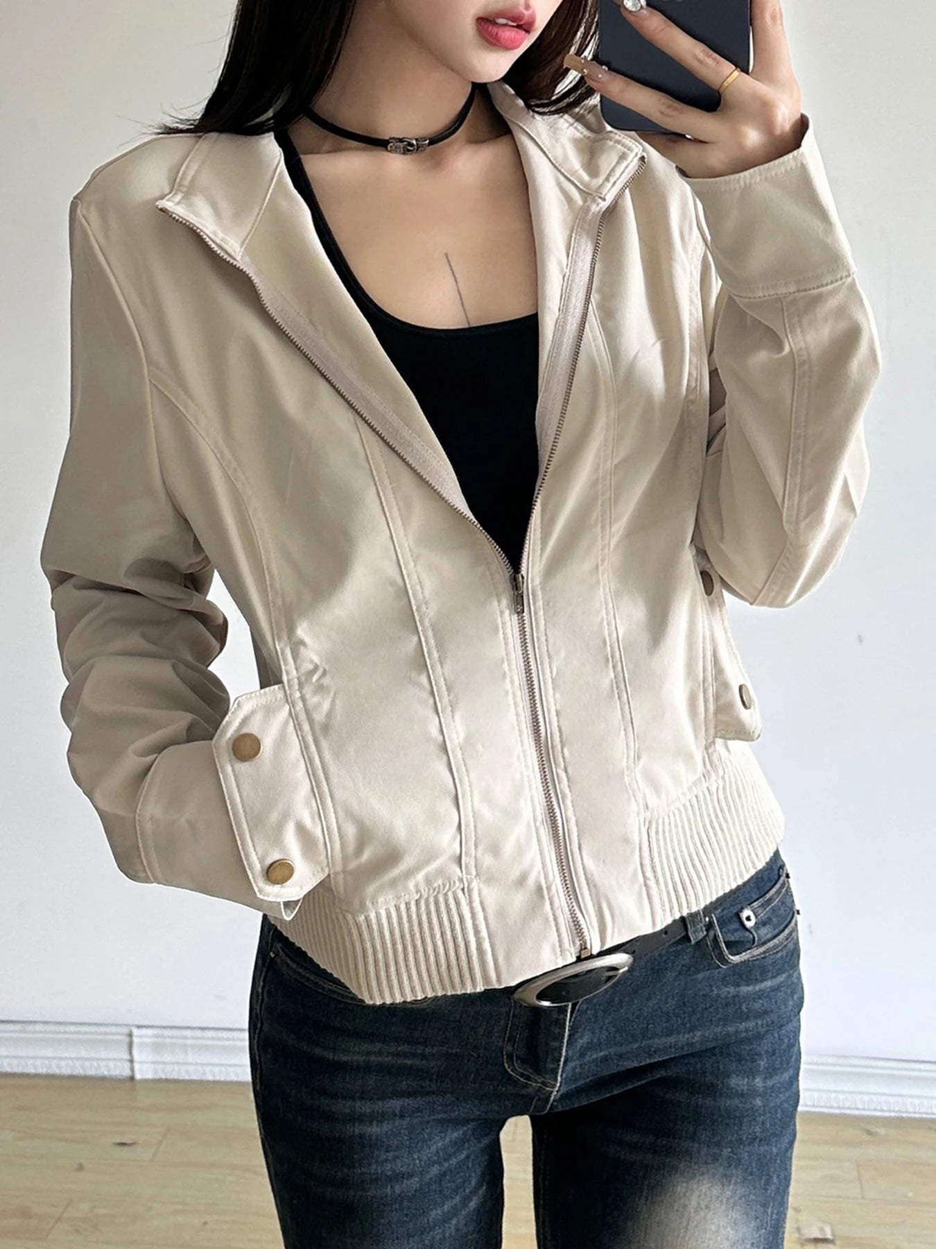 Solid Slim Basic Jacket Women S Autumn Winter New All-Match Harajuku Zipper Coat Causal Simple