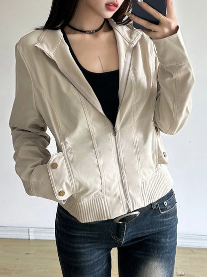 Solid Slim Basic Jacket Women S Autumn Winter New All-Match Harajuku Zipper Coat Causal Simple
