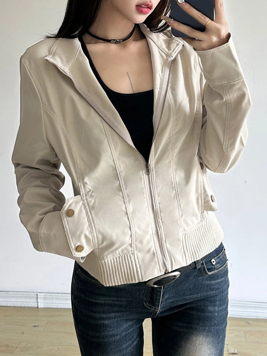 Solid Slim Basic Jacket Women S Autumn Winter New All-Match Harajuku Zipper Coat Causal Simple