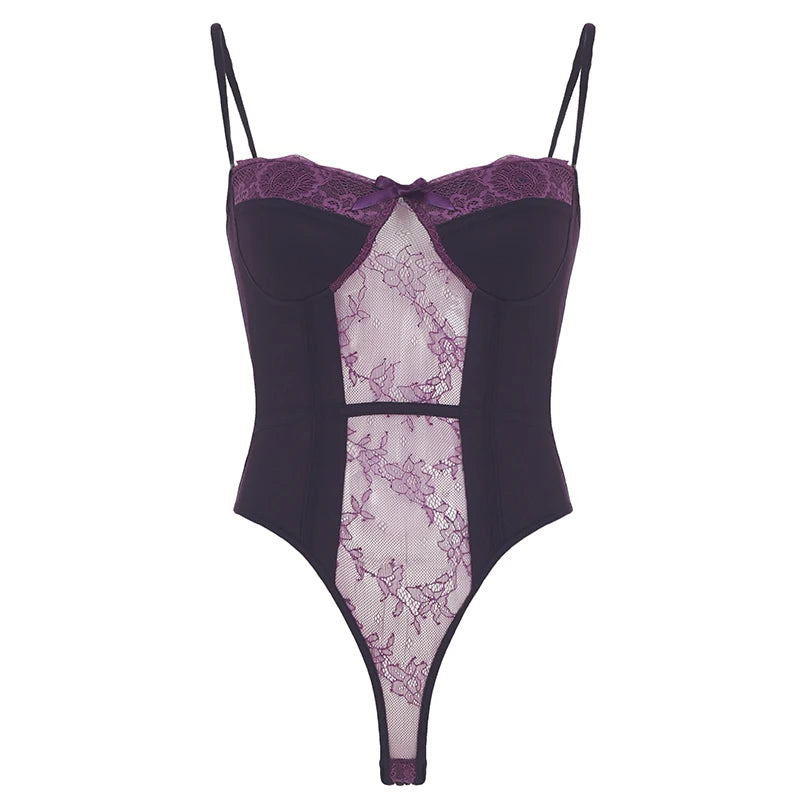 Lace Trim Bow Halter Rompers Women Sexy Hotsweet Fashion Patchwork Purple Bodysuit s Trendy New