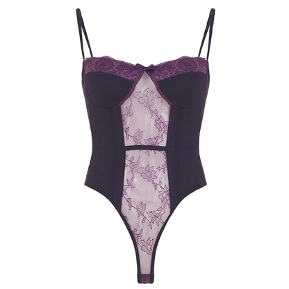 Lace Trim Bow Halter Rompers Women Sexy Hotsweet Fashion Patchwork Purple Bodysuit s Trendy New