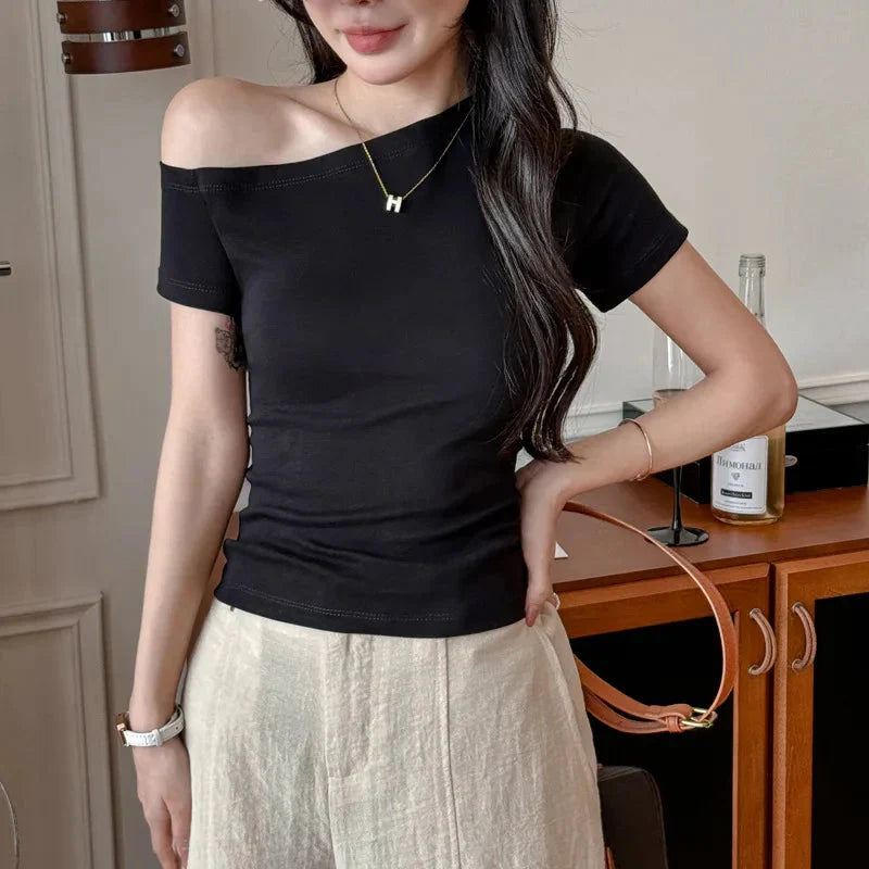 Solid Off Shoulder Short Sleeve T Shirt Simple Basic Single Sleeved Jumper Top Streetwear Slim Fit FeY2K Clothes Tees