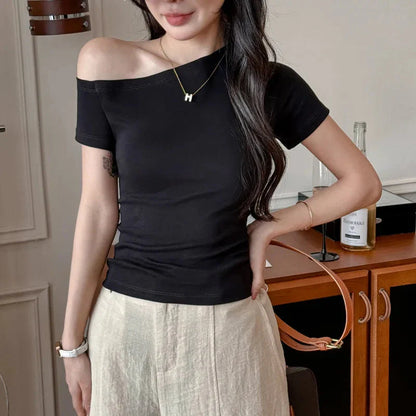 Solid Off Shoulder Short Sleeve T Shirt Simple Basic Single Sleeved Jumper Top Streetwear Slim Fit FeY2K Clothes Tees