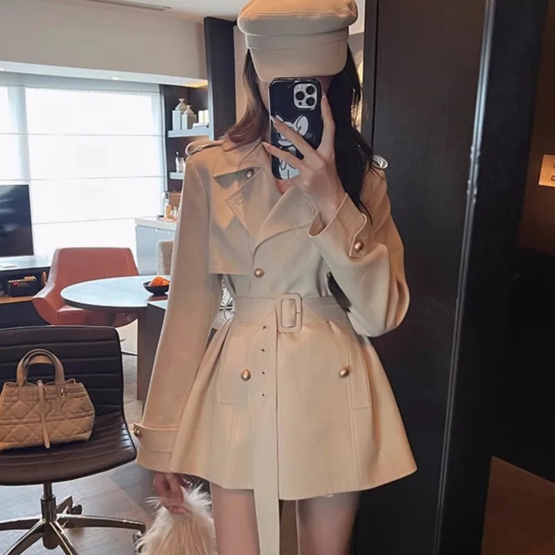 Elegant Lapel Blazer Coats Women Autumn New Double Breasted British Style Jacket with Belt Casual Korean Fashion Outerwear