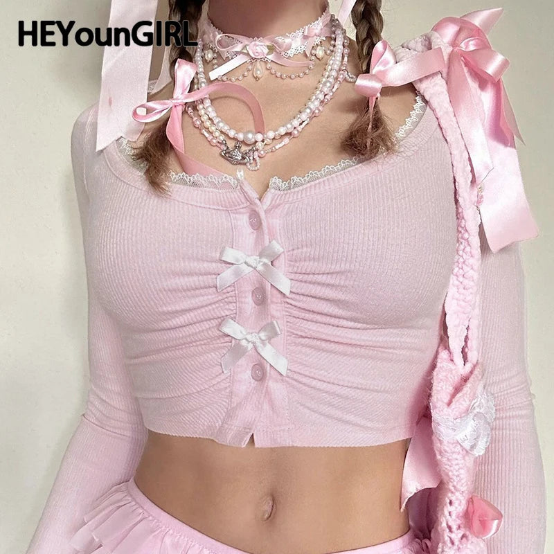 Sweet Y2K Bow Detail Button Up Cropped Top Autumn Knitted Long Sleeve Cute Tshirt Chic Aesthetic Street Tee Outfits
