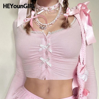 Sweet Y2K Bow Detail Button Up Cropped Top Autumn Knitted Long Sleeve Cute Tshirt Chic Aesthetic Street Tee Outfits