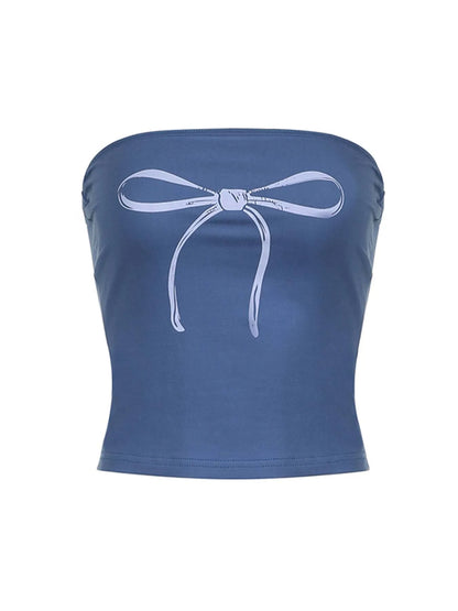Bow Print Cute Y2K Strapless Tube Top Women 2000s Kawaii Crop Top Summer Streetwear