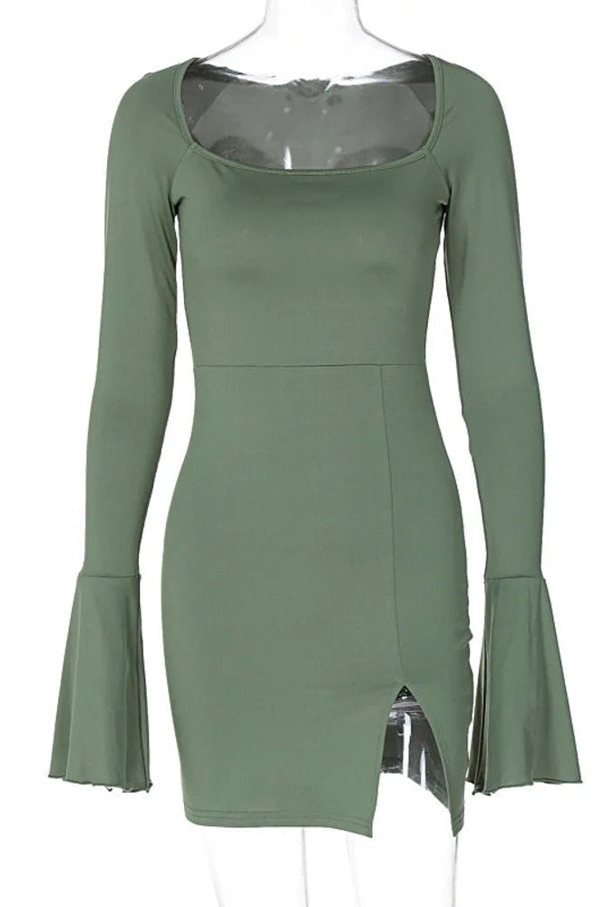 Elegant Split Slim Mini Dress with Long Sleeves