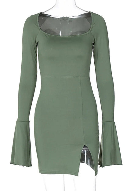 Elegant Split Slim Mini Dress with Long Sleeves
