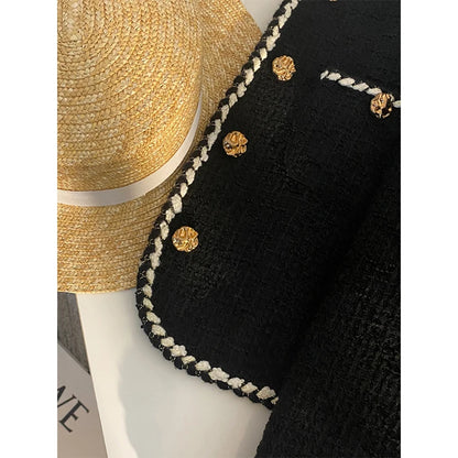Vintage Tweed Jacket Women Elegant Cropped Quilted Coat Commute Black Blazer Winter Ladies Korean Short Outerwear Tops New